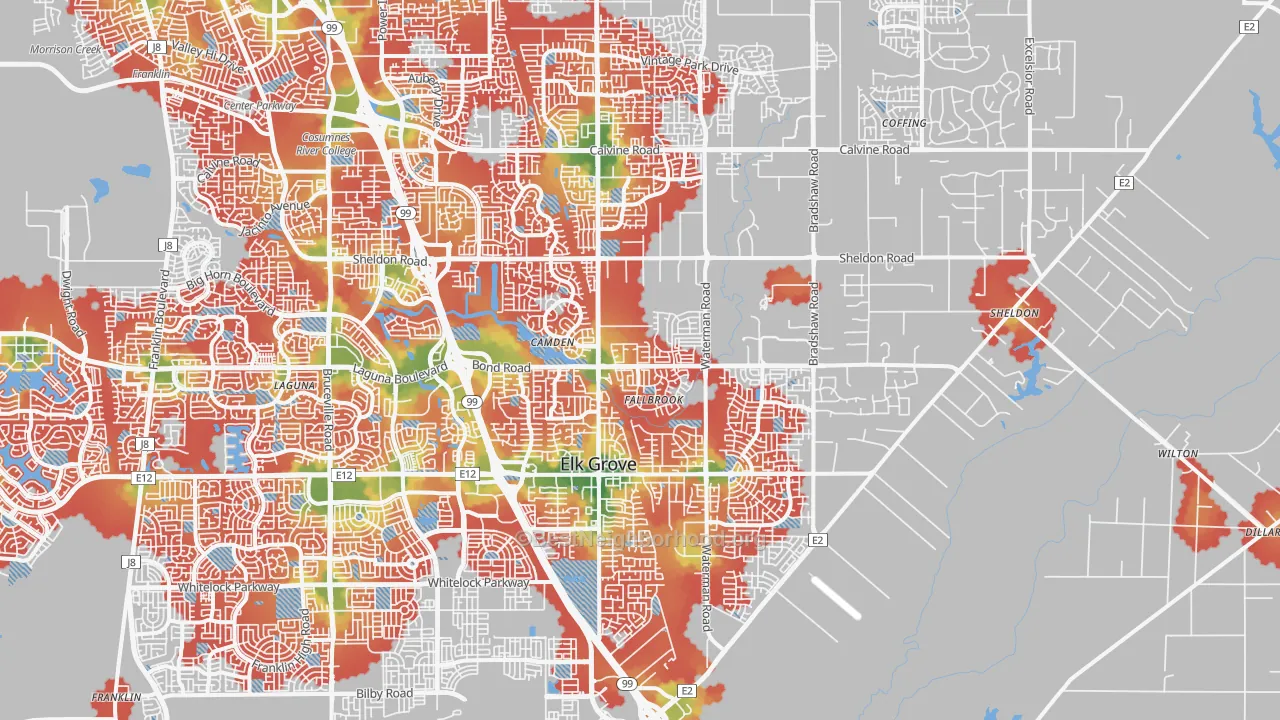 Walk Grade map of 95624, CA, walkable areas in green and car-dependent areas in red