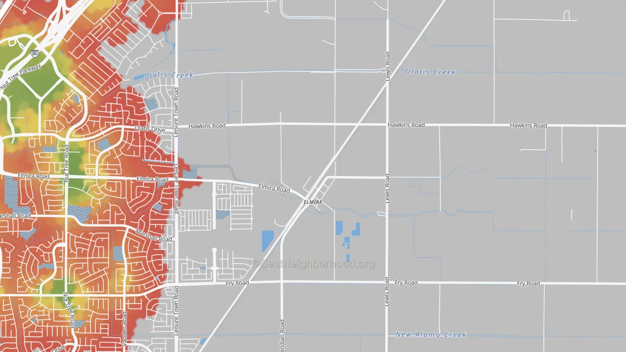 Walk Grade map of 95625, CA, walkable areas in green and car-dependent areas in red