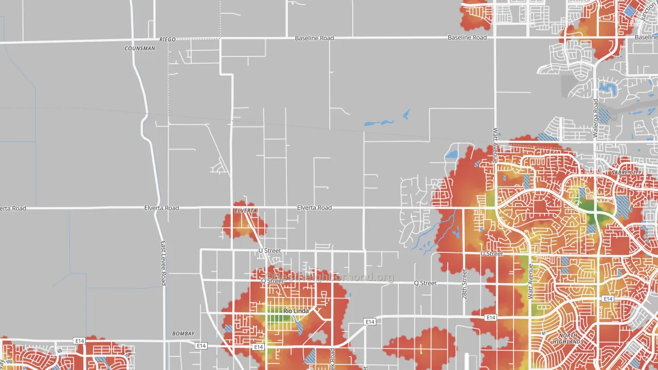 Walk Grade map of 95626, CA, walkable areas in green and car-dependent areas in red