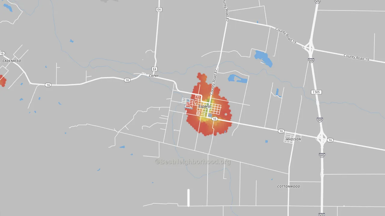 Walk Grade map of 95627, CA, walkable areas in green and car-dependent areas in red