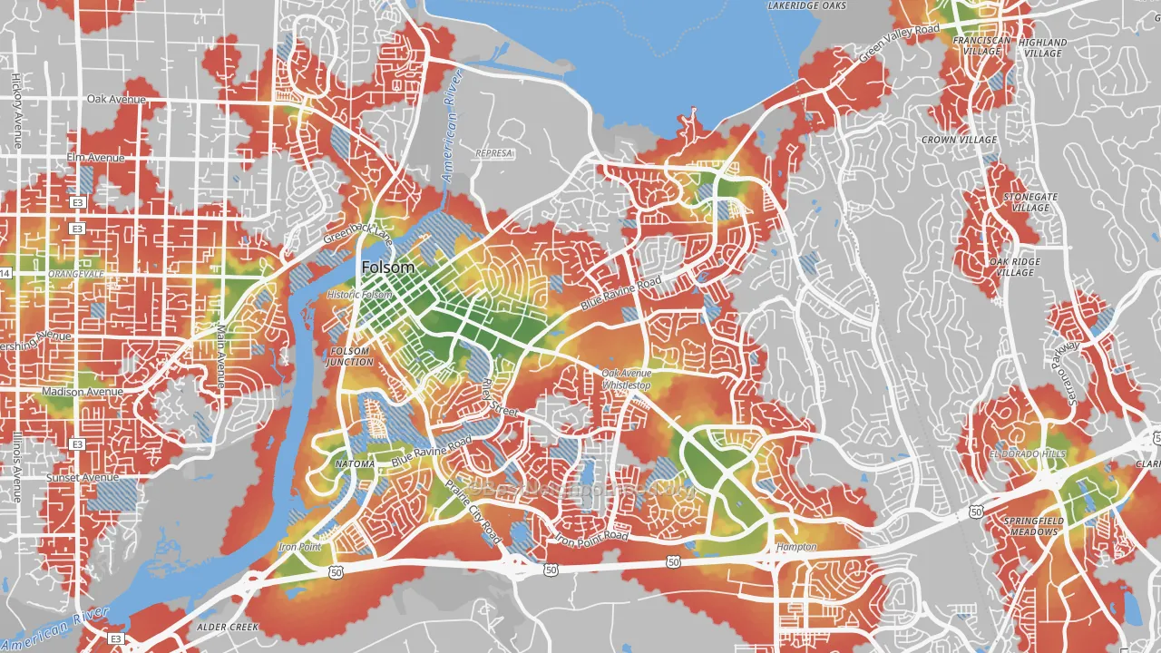 Walk Grade map of 95630, CA, walkable areas in green and car-dependent areas in red