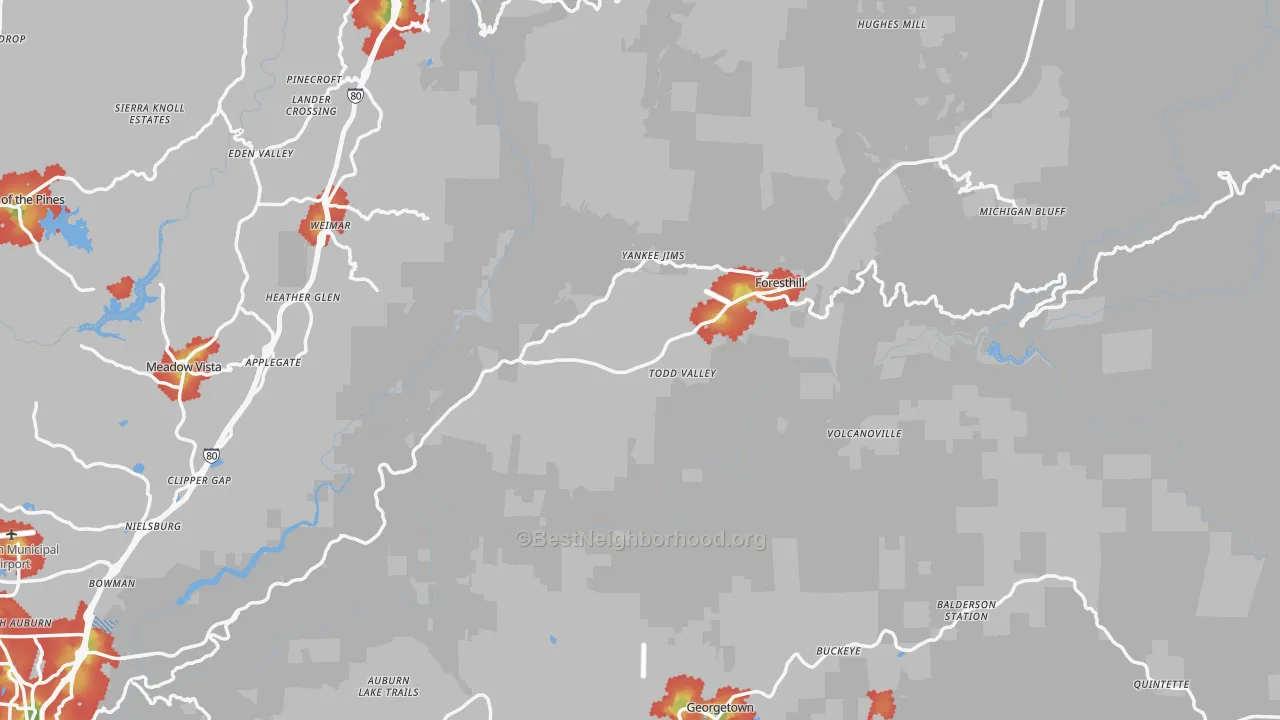 Walk Grade map of 95631, CA, walkable areas in green and car-dependent areas in red