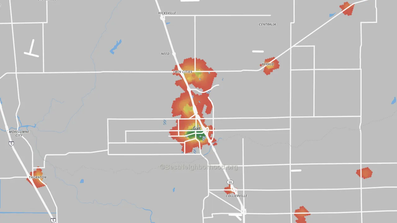 Walk Grade map of 95632, CA, walkable areas in green and car-dependent areas in red