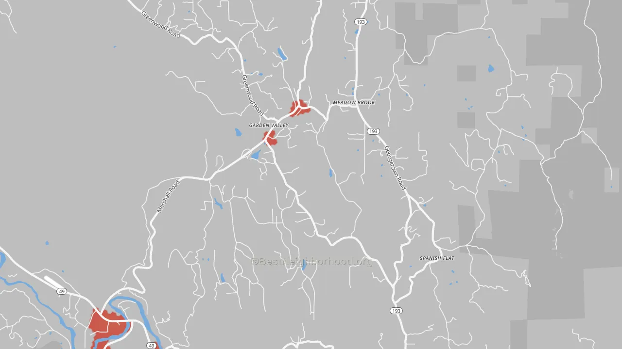 Walk Grade map of 95633, CA, walkable areas in green and car-dependent areas in red