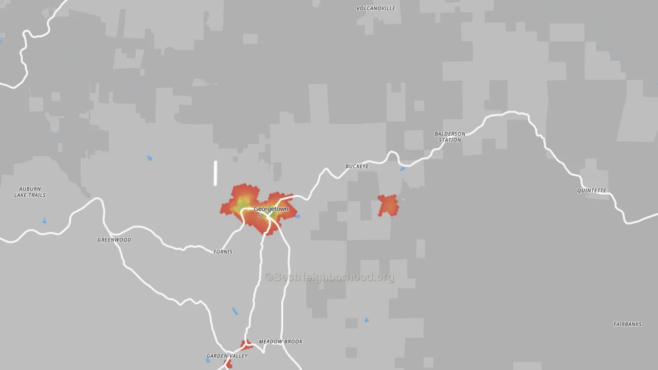 Walk Grade map of 95634, CA, walkable areas in green and car-dependent areas in red
