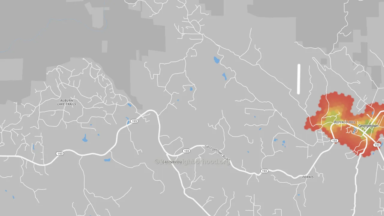 Walk Grade map of 95635, CA, walkable areas in green and car-dependent areas in red