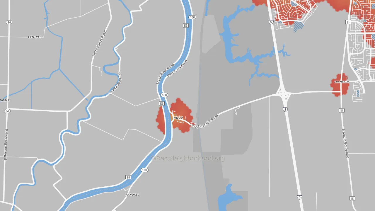 Walk Grade map of 95639, CA, walkable areas in green and car-dependent areas in red