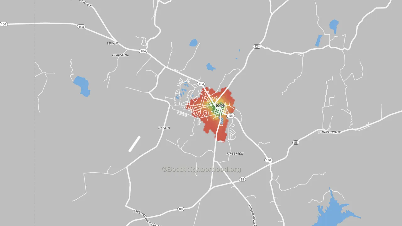 Walk Grade map of 95640, CA, walkable areas in green and car-dependent areas in red