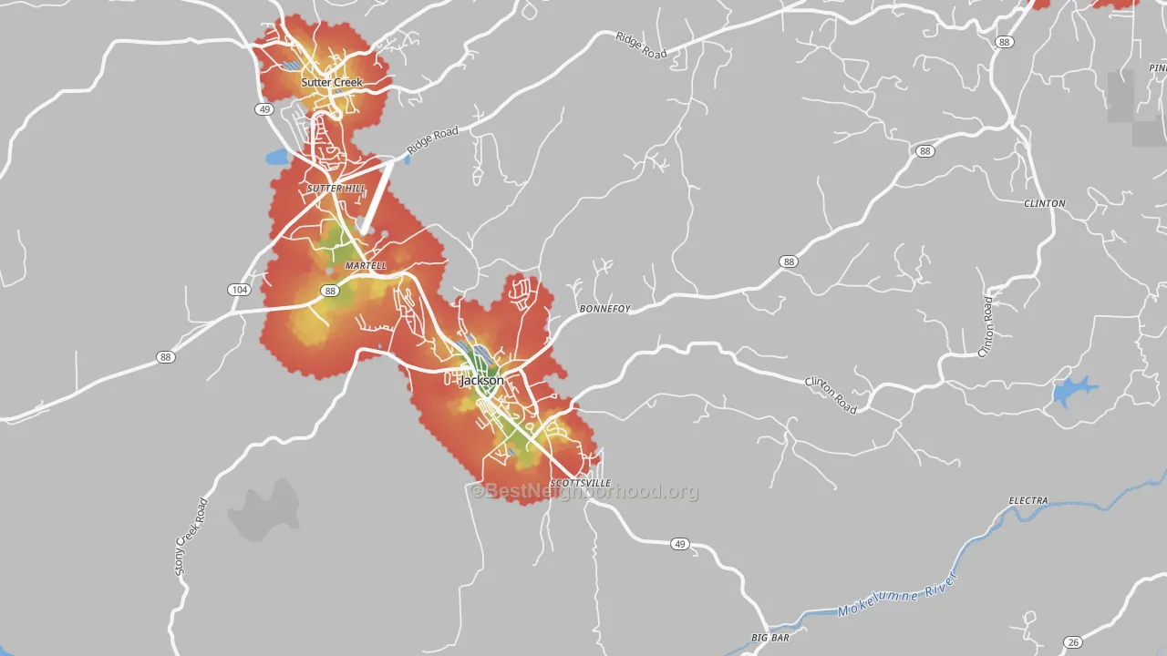 Walk Grade map of 95642, CA, walkable areas in green and car-dependent areas in red