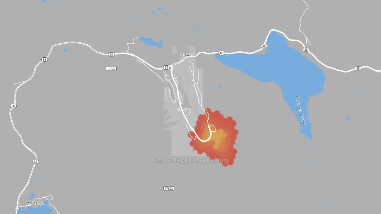 Walk Grade map of 95646, CA, walkable areas in green and car-dependent areas in red
