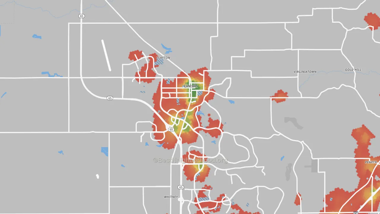 Walk Grade map of 95648, CA, walkable areas in green and car-dependent areas in red