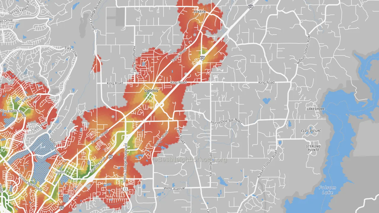 Walk Grade map of 95650, CA, walkable areas in green and car-dependent areas in red