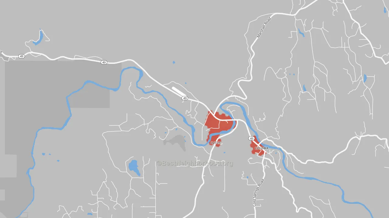 Walk Grade map of 95651, CA, walkable areas in green and car-dependent areas in red