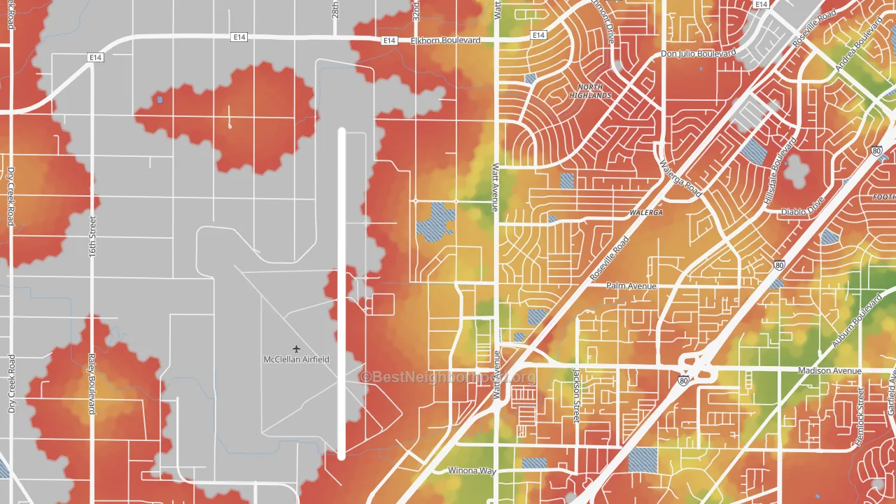 Walk Grade map of 95652, CA, walkable areas in green and car-dependent areas in red