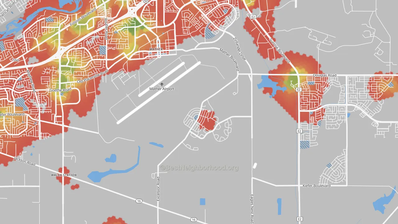 Walk Grade map of 95655, CA, walkable areas in green and car-dependent areas in red