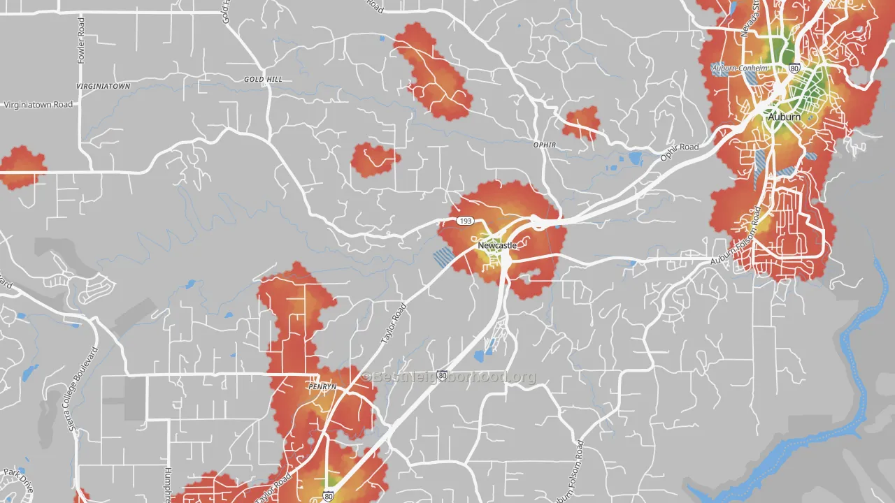 Walk Grade map of 95658, CA, walkable areas in green and car-dependent areas in red
