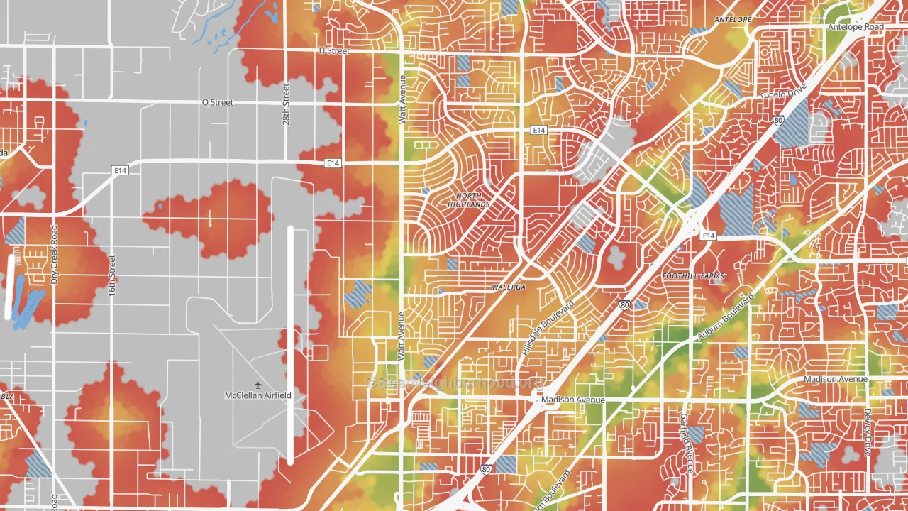 Walk Grade map of 95660, CA, walkable areas in green and car-dependent areas in red