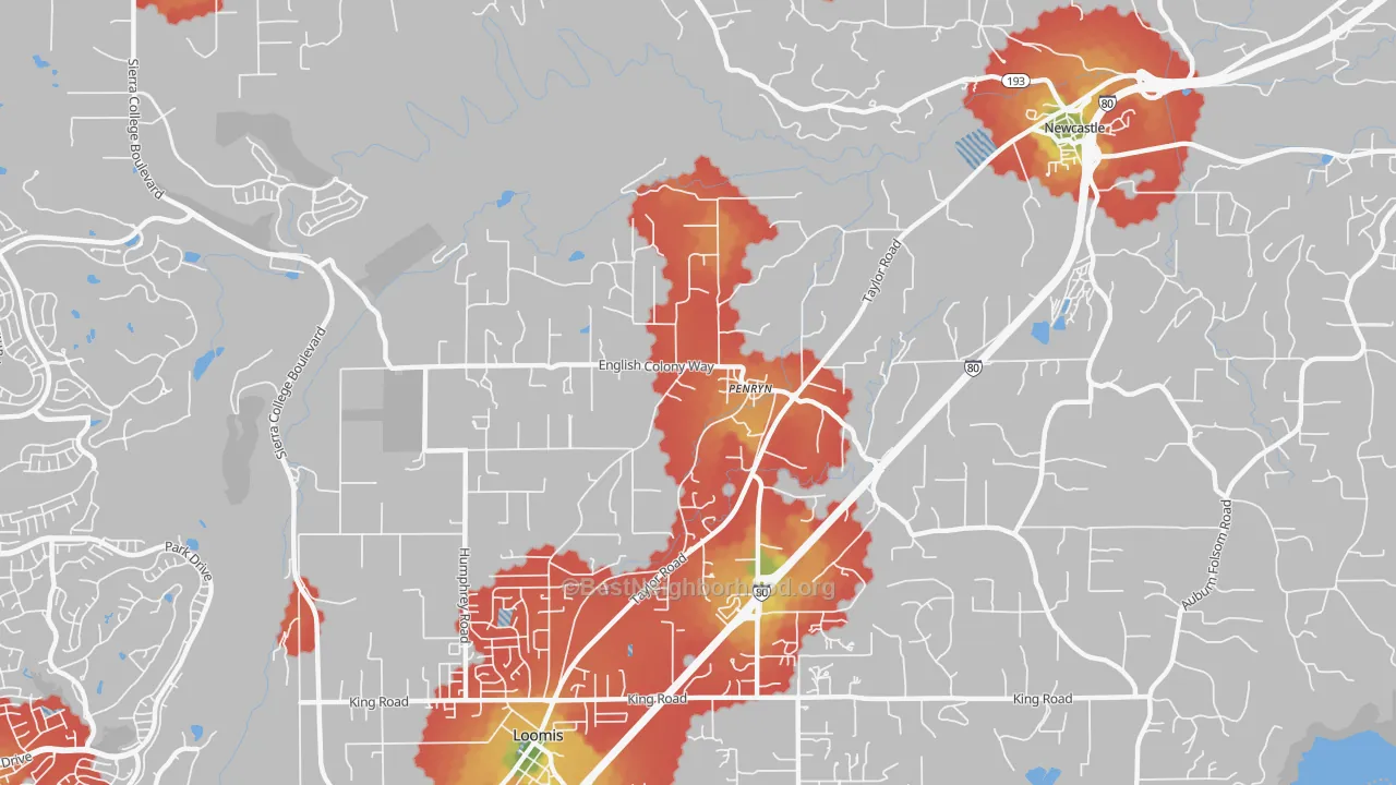 Walk Grade map of 95663, CA, walkable areas in green and car-dependent areas in red