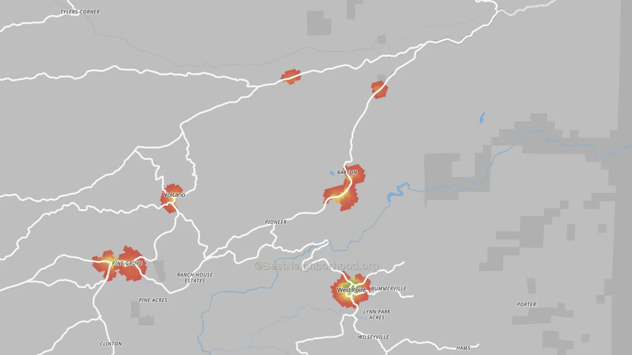 Walk Grade map of 95666, CA, walkable areas in green and car-dependent areas in red