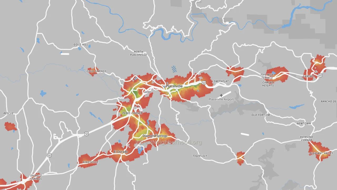 Walk Grade map of 95667, CA, walkable areas in green and car-dependent areas in red