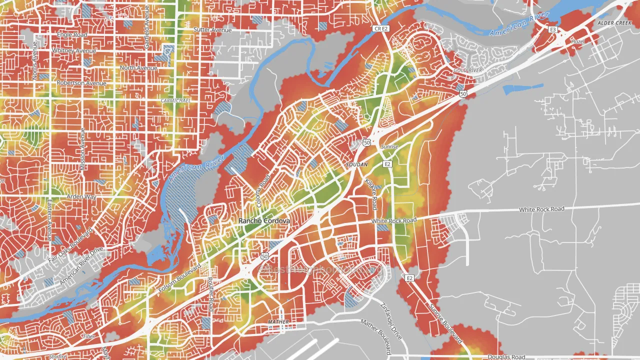 Walk Grade map of 95670, CA, walkable areas in green and car-dependent areas in red