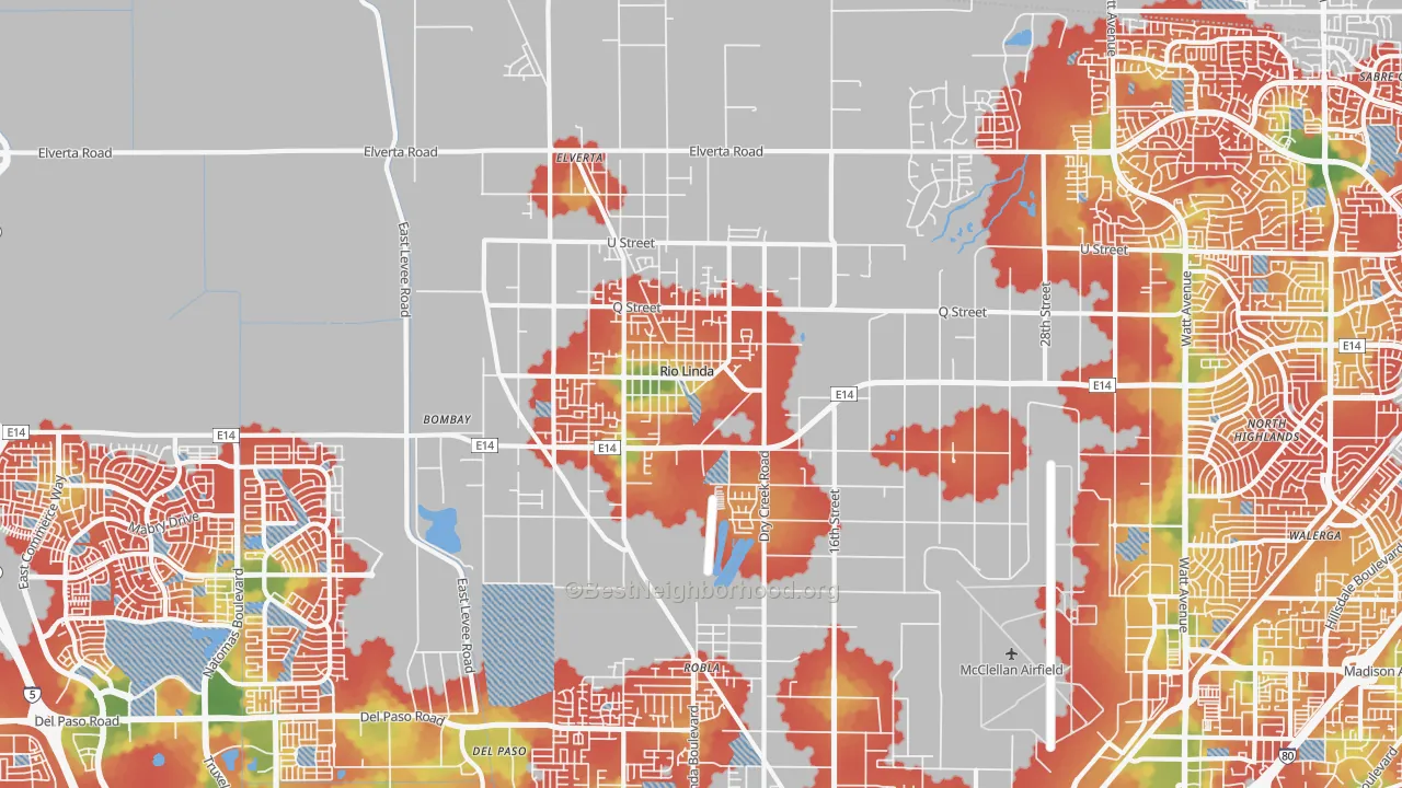 Walk Grade map of 95673, CA, walkable areas in green and car-dependent areas in red