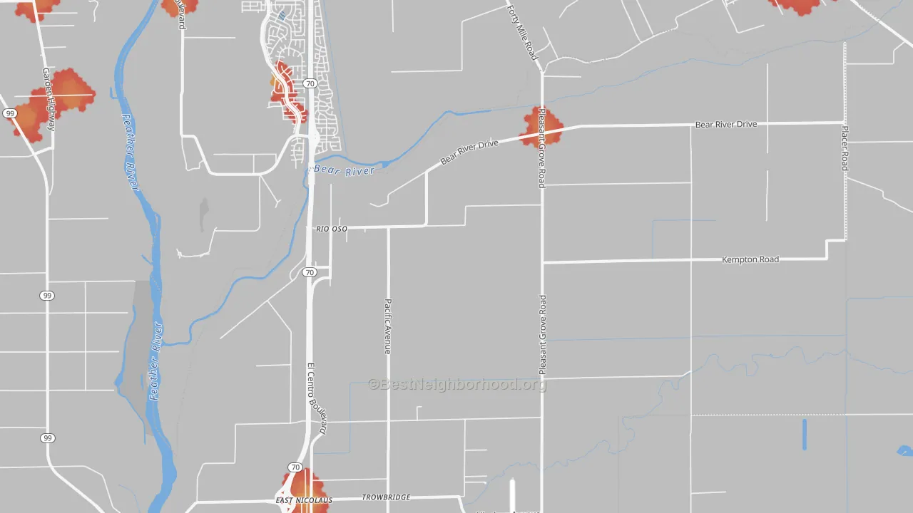 Walk Grade map of 95674, CA, walkable areas in green and car-dependent areas in red
