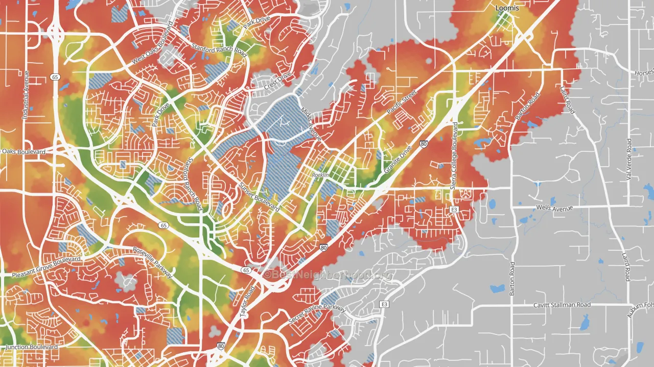 Walk Grade map of 95677, CA, walkable areas in green and car-dependent areas in red