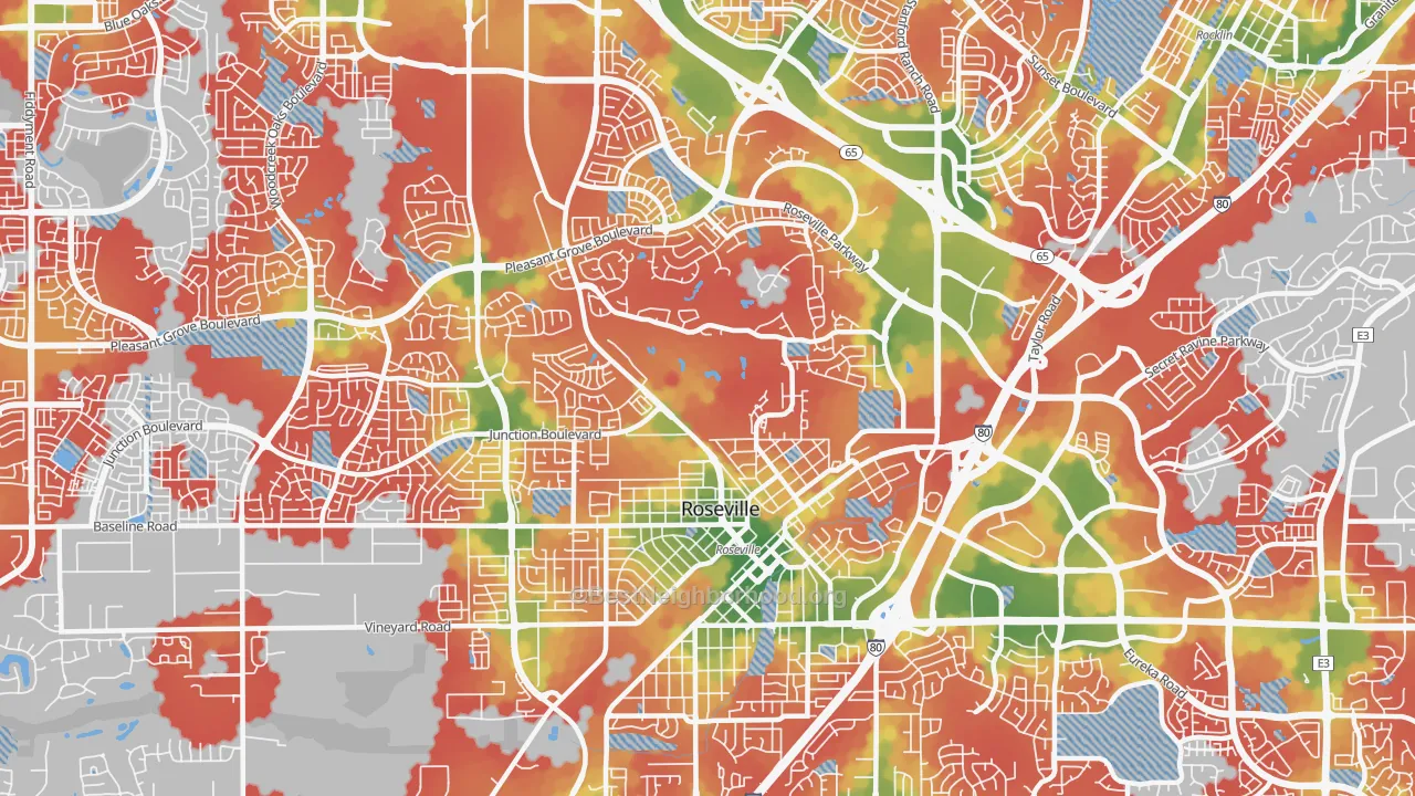 Walk Grade map of 95678, CA, walkable areas in green and car-dependent areas in red