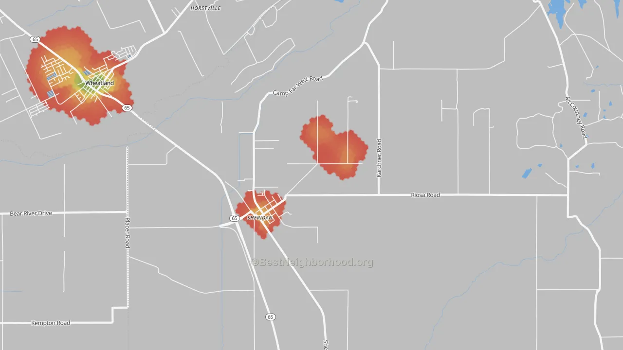 Walk Grade map of 95681, CA, walkable areas in green and car-dependent areas in red
