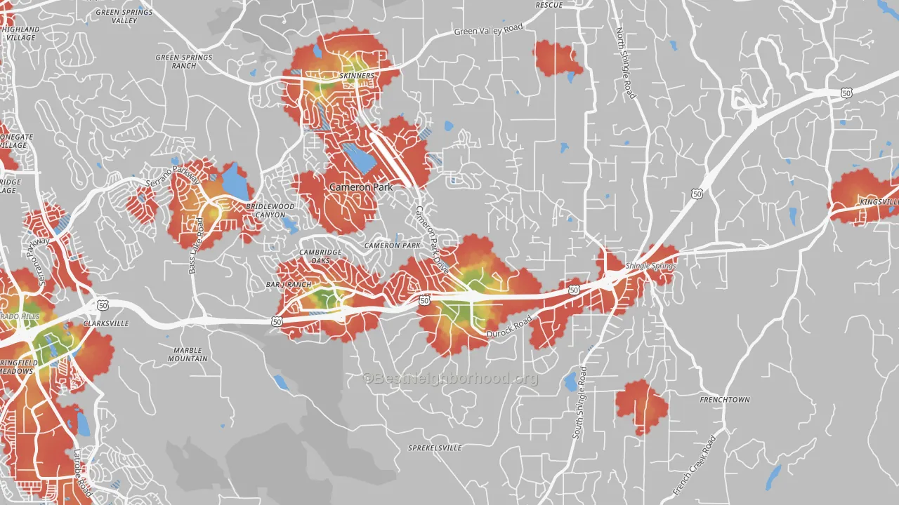 Walk Grade map of 95682, CA, walkable areas in green and car-dependent areas in red