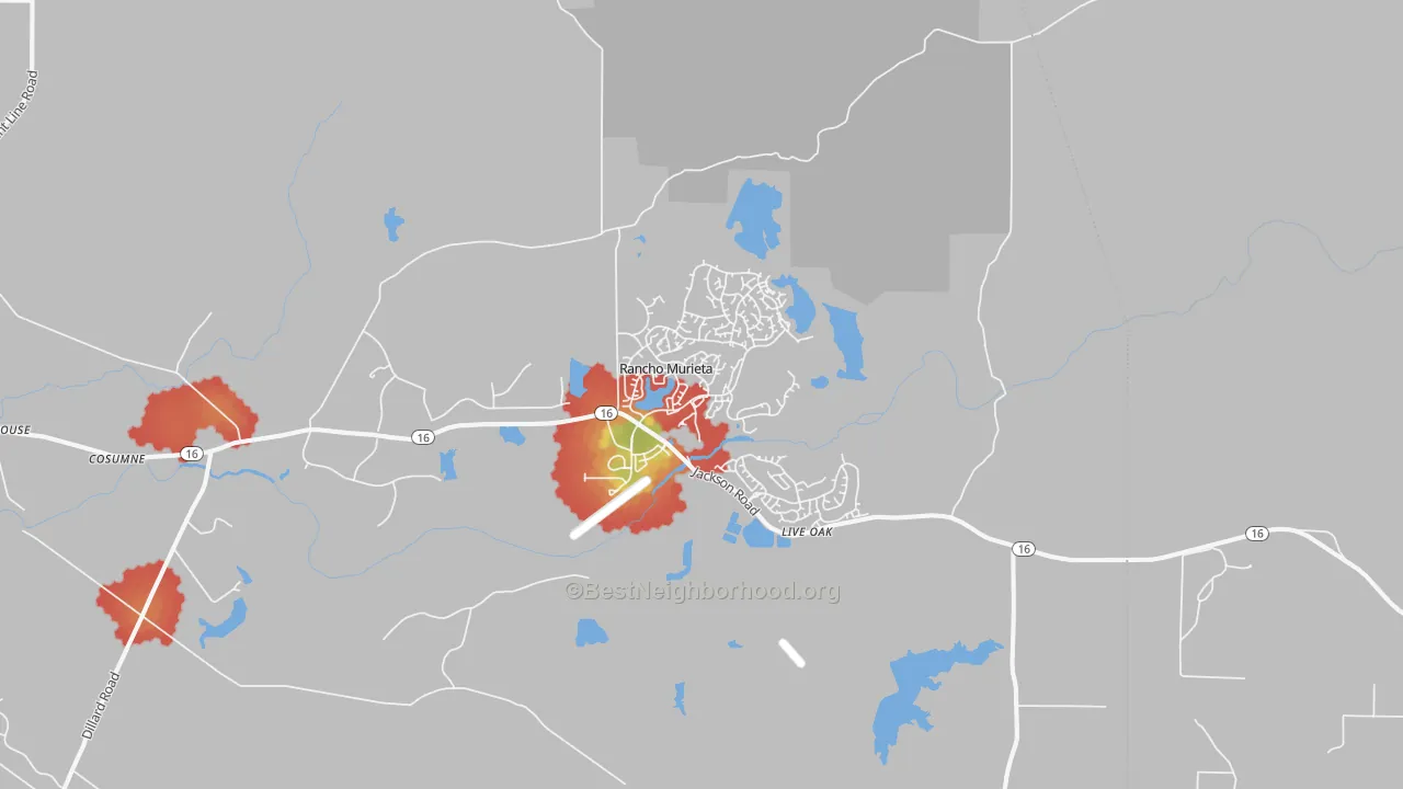 Walk Grade map of 95683, CA, walkable areas in green and car-dependent areas in red