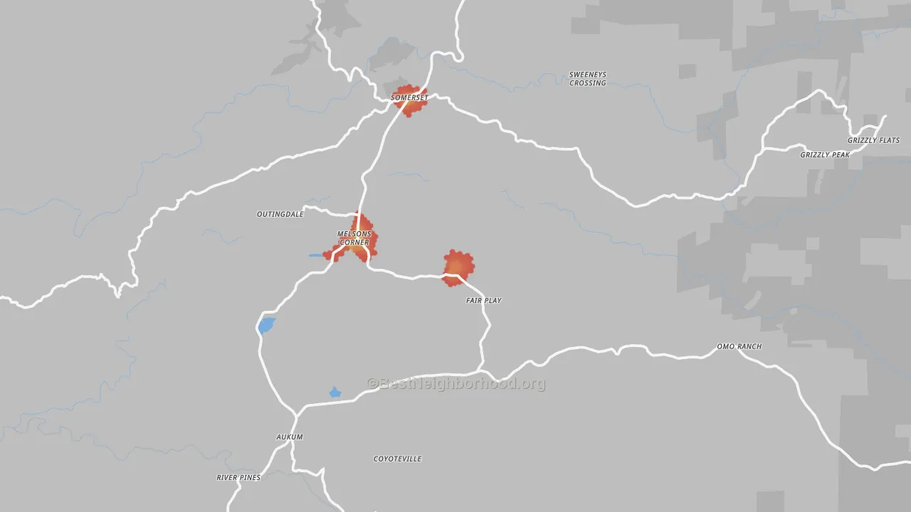 Walk Grade map of 95684, CA, walkable areas in green and car-dependent areas in red