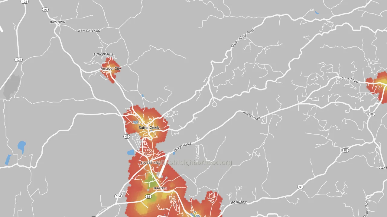 Walk Grade map of 95685, CA, walkable areas in green and car-dependent areas in red