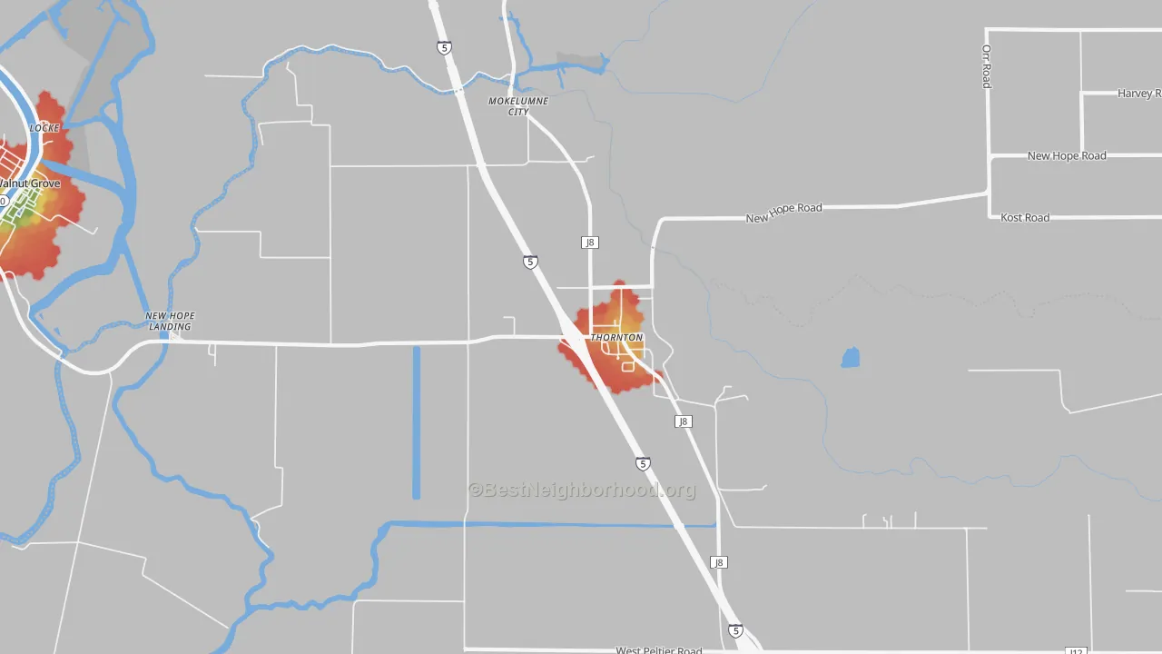 Walk Grade map of 95686, CA, walkable areas in green and car-dependent areas in red
