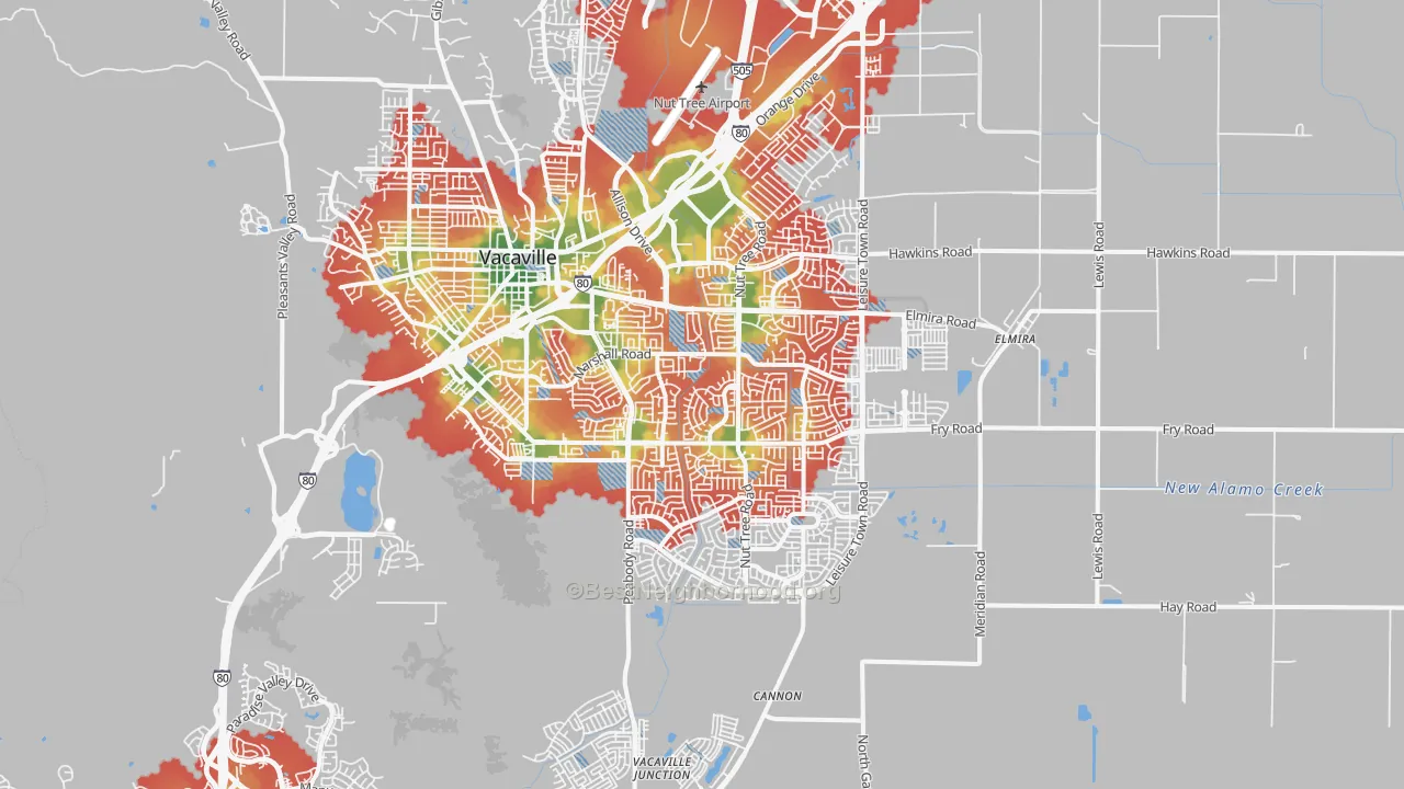 Walk Grade map of 95687, CA, walkable areas in green and car-dependent areas in red