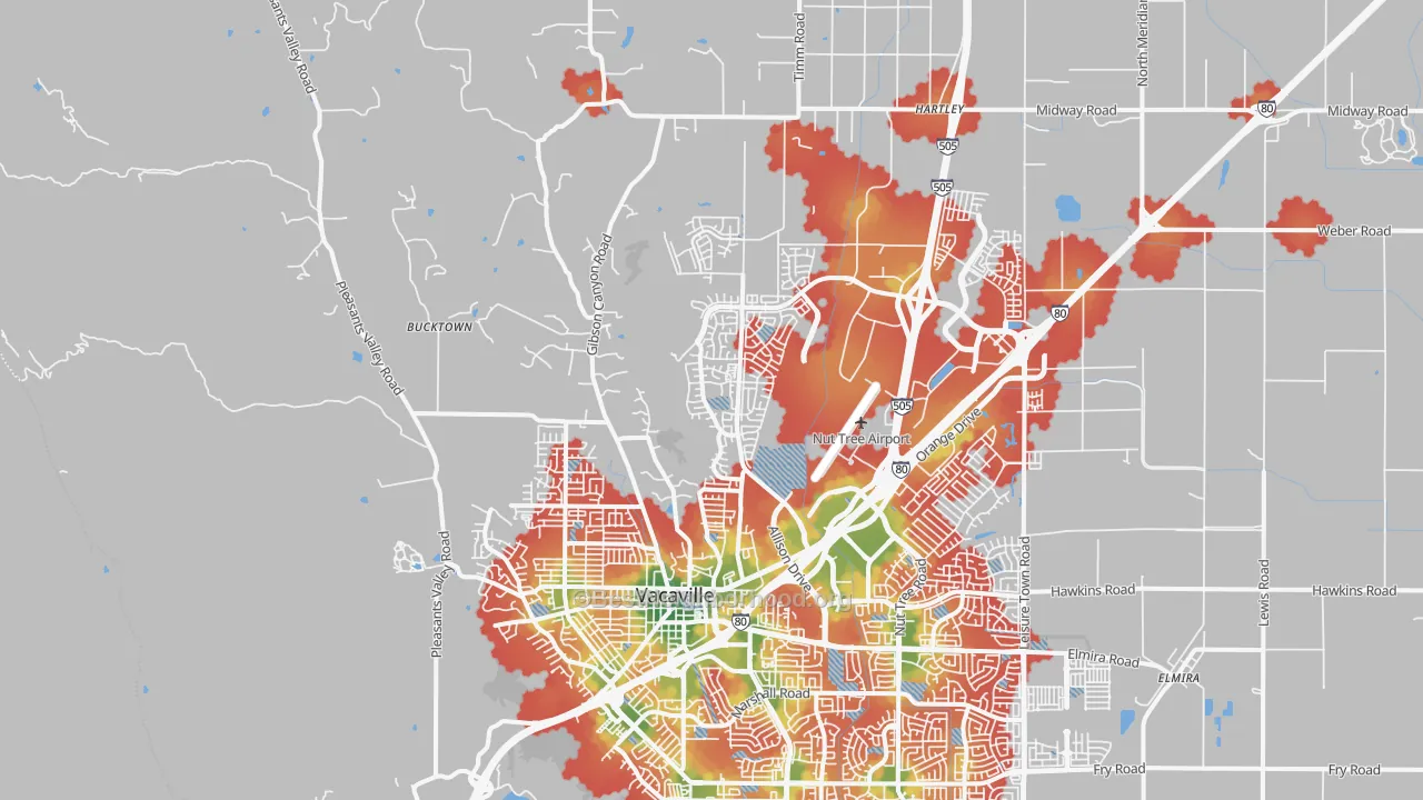 Walk Grade map of 95688, CA, walkable areas in green and car-dependent areas in red