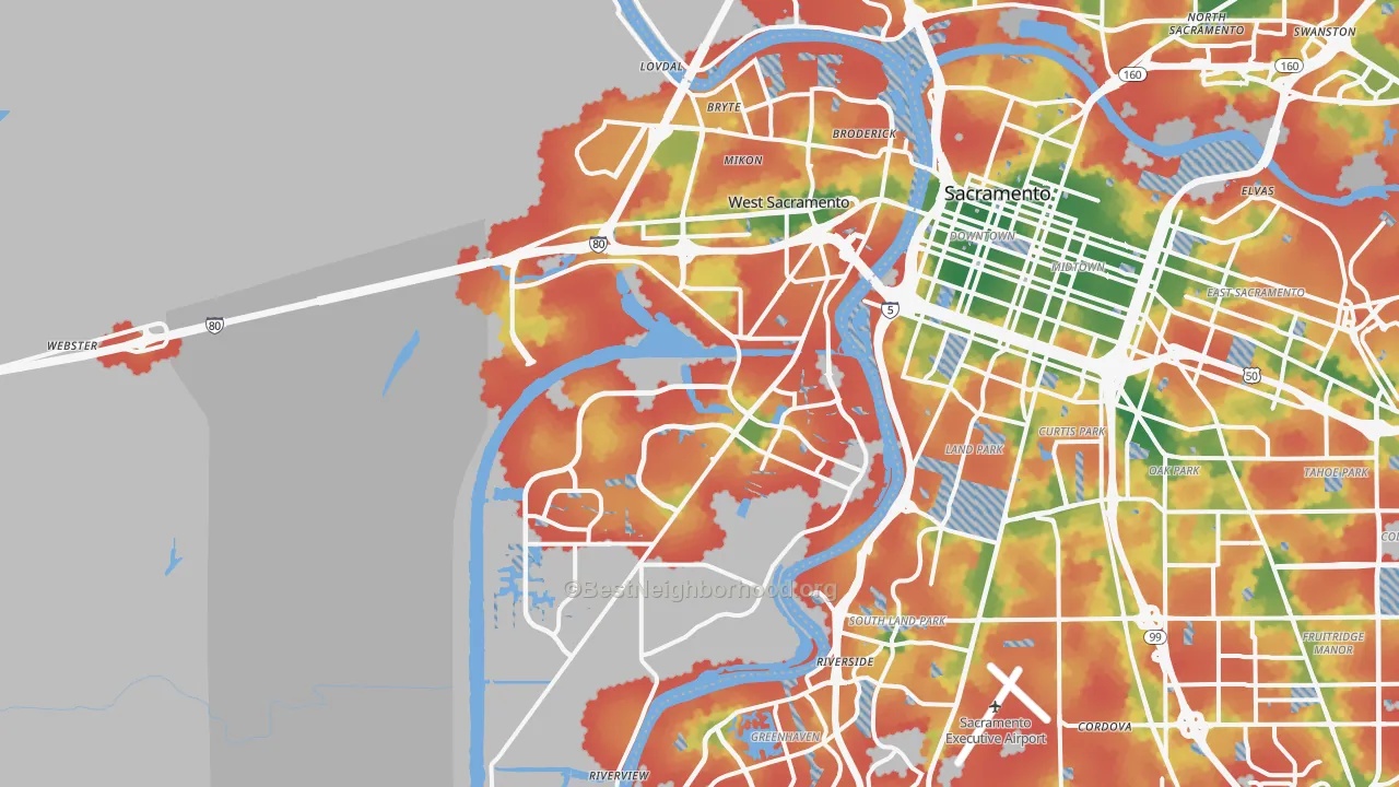 Walk Grade map of 95691, CA, walkable areas in green and car-dependent areas in red