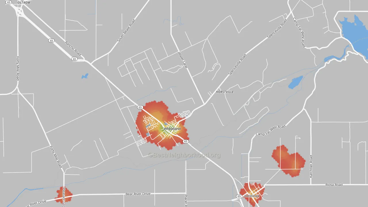 Walk Grade map of 95692, CA, walkable areas in green and car-dependent areas in red