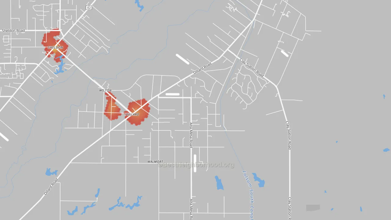 Walk Grade map of 95693, CA, walkable areas in green and car-dependent areas in red