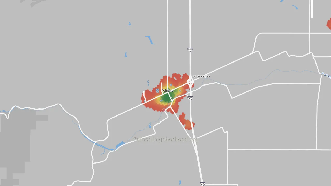 Walk Grade map of 95694, CA, walkable areas in green and car-dependent areas in red