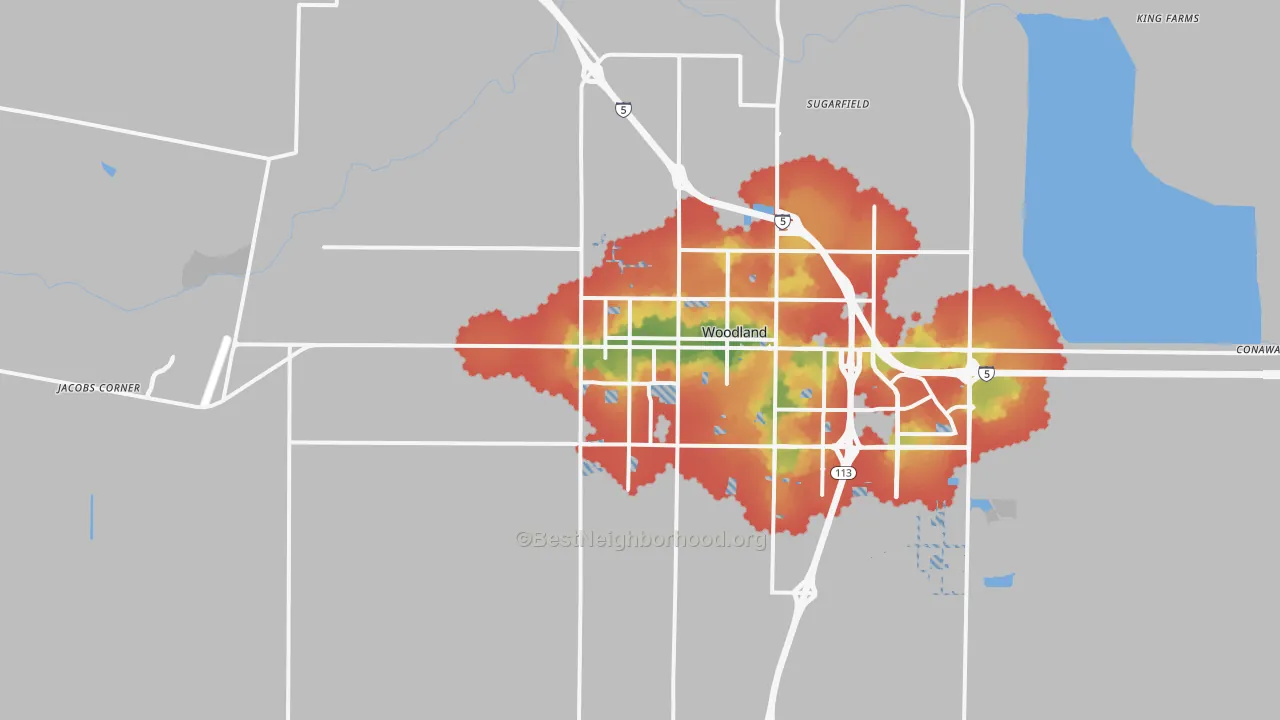 Walk Grade map of 95695, CA, walkable areas in green and car-dependent areas in red