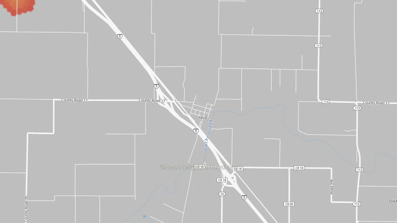 Walk Grade map of 95697, CA, walkable areas in green and car-dependent areas in red