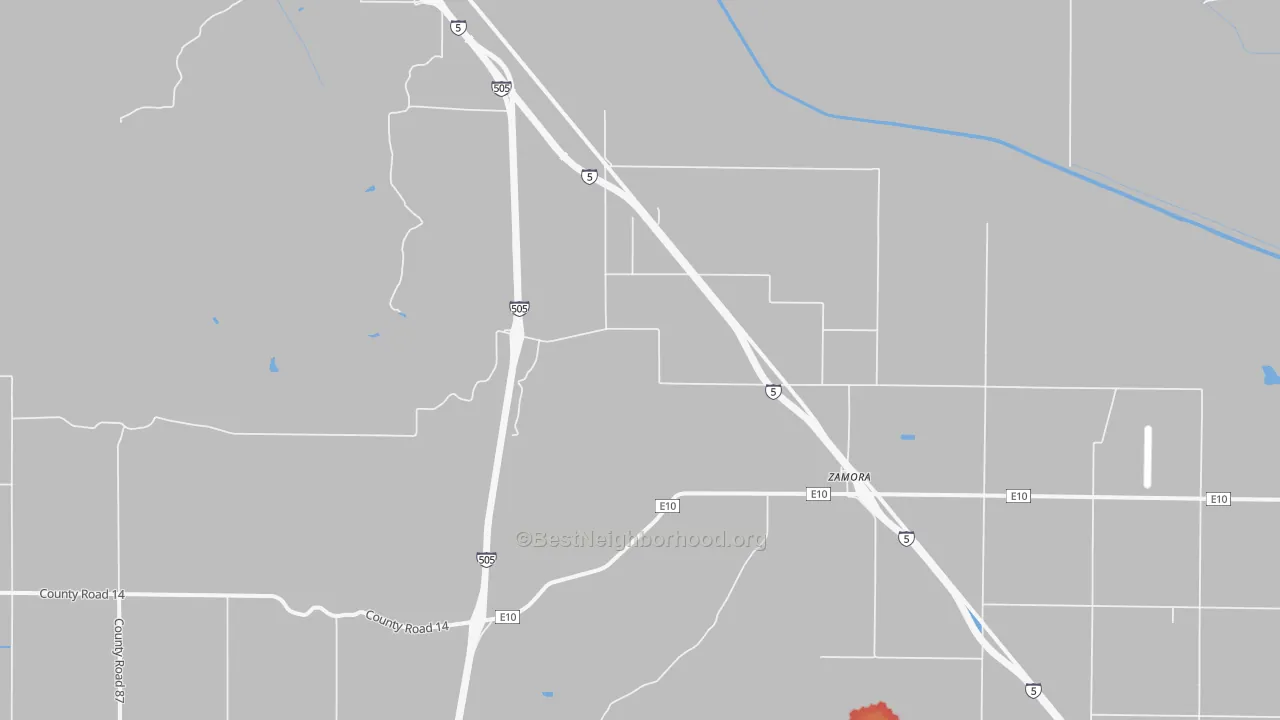 Walk Grade map of 95698, CA, walkable areas in green and car-dependent areas in red