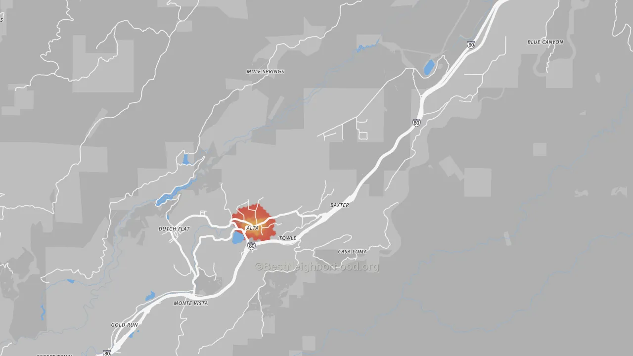Walk Grade map of 95701, CA, walkable areas in green and car-dependent areas in red