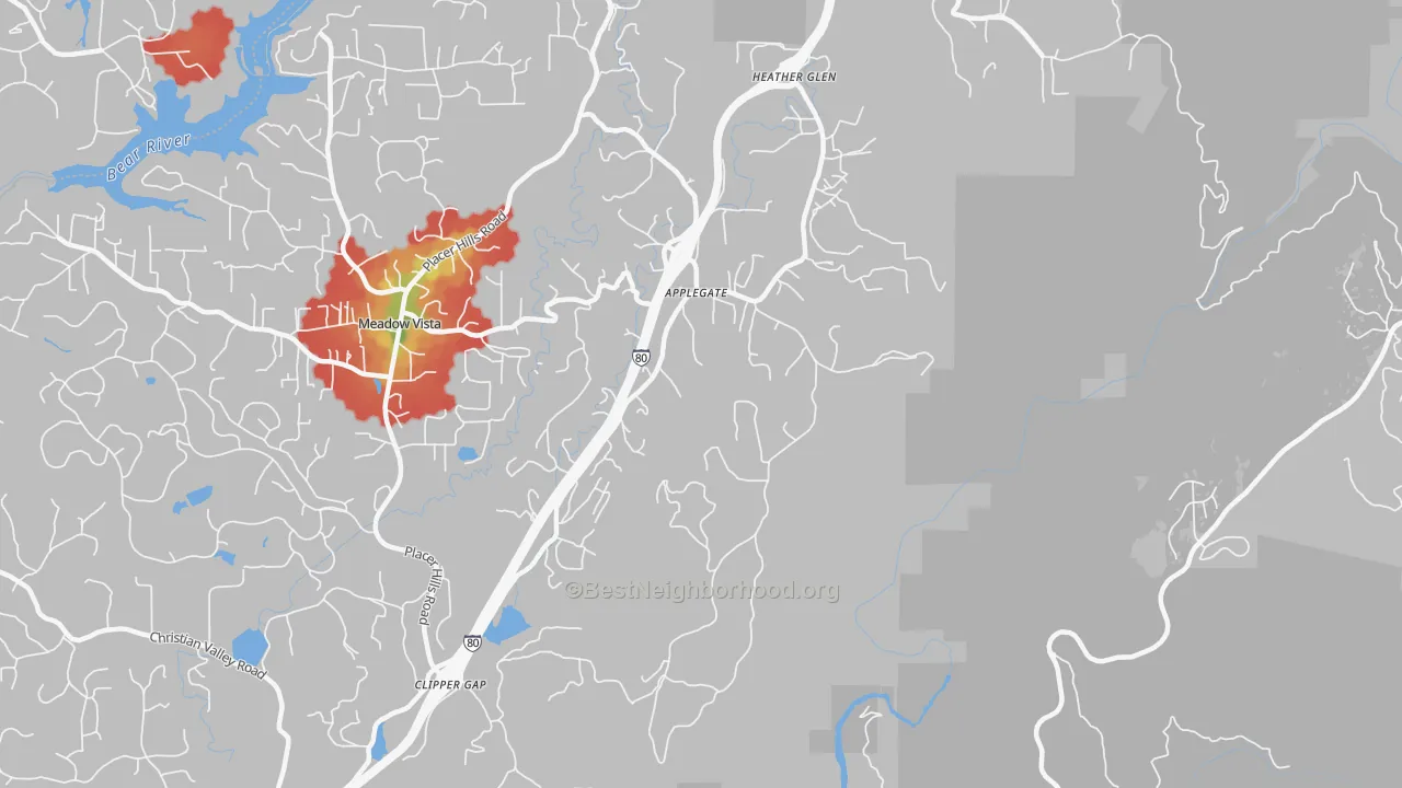 Walk Grade map of 95703, CA, walkable areas in green and car-dependent areas in red