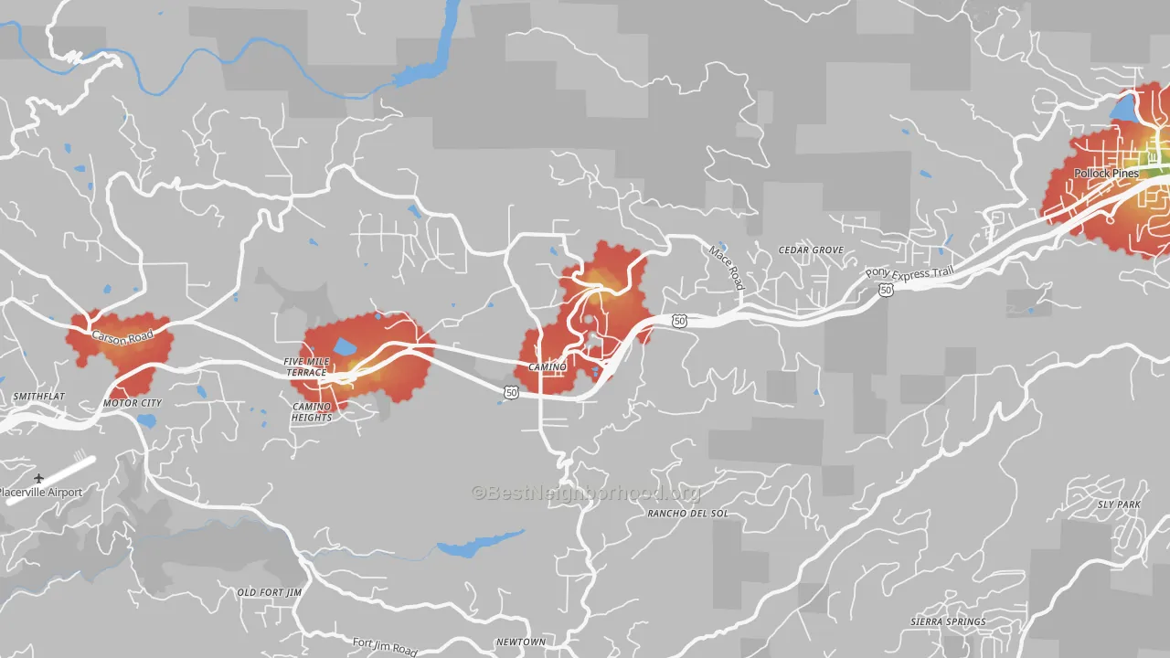Walk Grade map of 95709, CA, walkable areas in green and car-dependent areas in red
