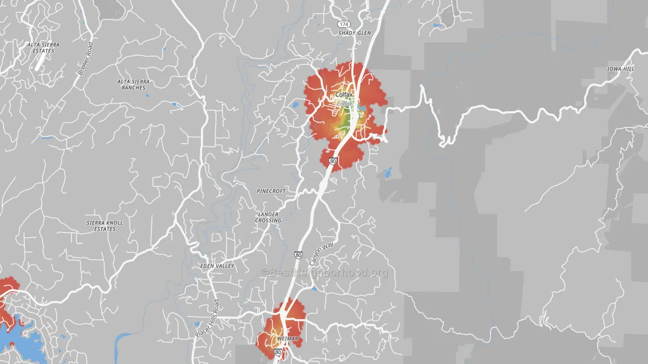 Walk Grade map of 95713, CA, walkable areas in green and car-dependent areas in red