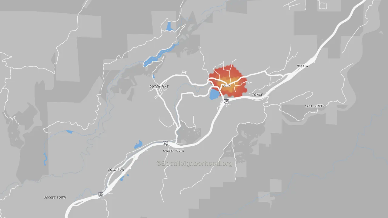 Walk Grade map of 95714, CA, walkable areas in green and car-dependent areas in red
