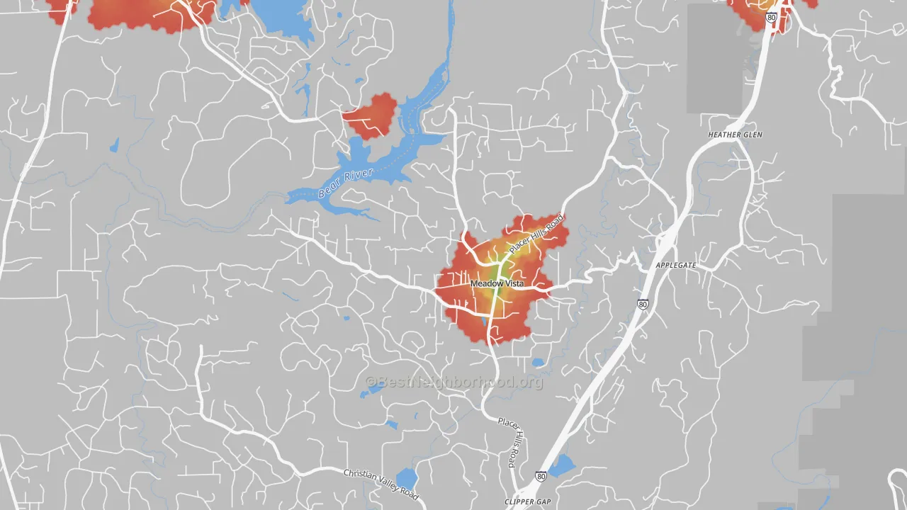 Walk Grade map of 95722, CA, walkable areas in green and car-dependent areas in red